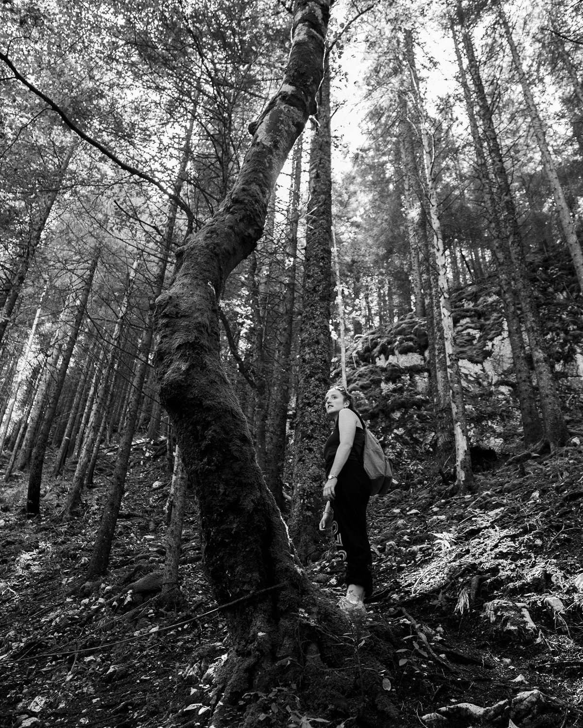 Photographie couleur d'une danseuse mise en scène dans une forêt enneigé